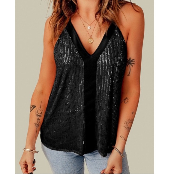 New Black Sequin Cami Camisole Tank Top - Picture 2 of 7